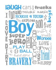 the word boy is made up of words in blue and gray on a white background