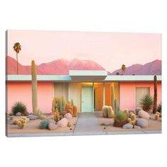 a painting of a desert house with cactus trees and mountains in the background at sunset