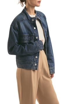 This casual-cool denim jacket is designed in a classic wash and updated with a polished stand collar. Front button closure Stand collar Button cuffs Chest flap pockets 89% cotton, 11% hemp Machine wash, line dry Imported Relaxed Fit Utility Jacket With Flap Pockets, Medium Wash Denim Utility Jacket With Patch Pockets, Washed Blue Denim Jacket With Patch Pockets For Fall, Dark Wash Denim Utility Jacket With Patch Pockets, Trendy Dark Wash Denim Jacket With Patch Pockets, Relaxed Fit Washed Blue Denim Jacket With Flap Pockets, Trendy Medium Wash Utility Jacket With Patch Pockets, Denim Blue Button-up Jacket With Flap Pockets, Denim Button-up Jacket With Flap Pockets