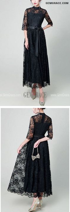 10% off now|Free shipping world-wide. Black Lace Elegant Party Dress With Sash Turtle Neck at GemGrace. Click to learn our pro custom-made service for wedding dress, formal dress. View #BridalPartyDresses for more ideas. Lace Wedding Guest Dress, Dress With Sheer Sleeves, Maxi Party Dress, Elegant Party Dress, Best Wedding Guest Dresses, Casual Party Dresses, Elegant Party Dresses, Semi Formal Dresses, Bridal Party Dresses