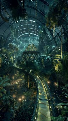 a train traveling through a lush green forest filled with lots of plants and lights at night