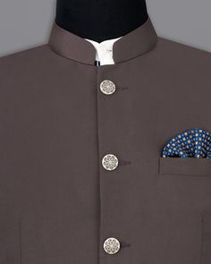 Elegant Festive Bandhgala With Button Closure, Festive Elegant Bandhgala With Button Closure, Festive Formal Nehru Jacket With Button Closure, Festive Nehru Jacket With Button Closure, Elegant Nehru Jacket With Button Closure For Festive Season, Traditional Nehru Jacket With Button Closure For Formal Events, Formal Brown Fitted Nehru Jacket, Elegant Festive Bandhgala, Classic Formal Nehru Jacket With Button Closure