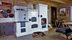 a dog laying on the floor next to an oven in a room with wooden walls