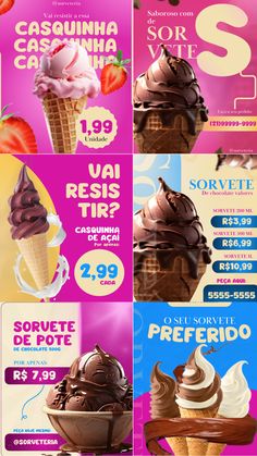 an advertisement for ice cream with chocolate and strawberries on it, in different colors