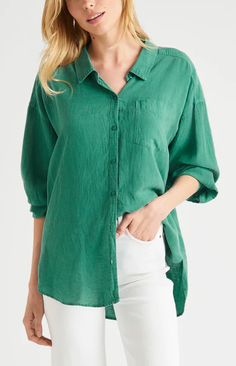 This oversized Bailey Button Down Shirt is made from a comfortable linen blend fabric with a shirt tail hem. Its neutral oasis green hue makes it a great option for everyday wear, and it's sure to become a reliable favorite. Pair with the matching wide leg linen pants, white denim or shorts. An easy, yet elevated summer style! Details 55% Linen, 45% Lyocell Machine Wash Cold Oversized, size down if you want more tailored look Linen Pants White, Button Up Shirt Womens, Women's Button Down Shirt, White Halter Maxi Dress, Wide Leg Linen Pants, Roll Up Sleeves, Plaid Flannel Shirt, Tunic Shirt, White Denim