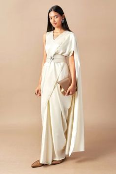 Ivory saree gown with corded embroidery. Paired with horse buckled belt. - Aza Fashions Sarees With Belt Style, Ivory Saree, Corded Embroidery, Gown With Belt, Indo Western Saree, Saree Gowns, Formal Saree, Saree With Belt, Organza Lehenga