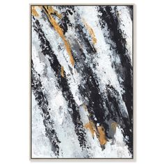 an abstract painting with black and yellow paint on the bottom half of it, against a white background