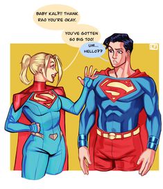 an image of a man and woman dressed as superman and supergirls talking to each other