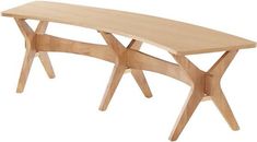 a wooden table with two legs and a curved design on the top, against a white background