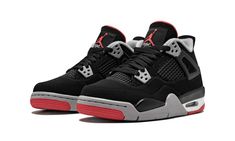 The Air Jordan 4 “Bred” GS is the grade school children’s sizing for the 2019 retro of the iconic colorway of Michael Jordan’s fourth signature shoe.  The kids’ “Bred” Jordan 4 features the same classic construction and color scheme as the adult version, including the original Nike Air branding on the heel tab.  The shoe features a Durabuck (synthetic nubuck) upper in black with red, grey, and white accents throughout to mirror the Chicago Bulls color scheme.  In addition to the large Nike Air l Bred Jordan 4, Air Jordan 4 Bred, Jordan 4 Retro Bred, Jordan Bred, Bred 4, Jordan 4 Bred, Black Canvas Shoes, Retro Basketball Shoes, All Nike Shoes