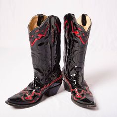 Y2k Corral Boots Cowboy Boots Black And Red Cowboy Boots From Y2k. Sized As A Women's Us 9. Made In Mexico. Genuine Leather. In Excellent Condition, No Damages But Wearing. Measurements Insole Length: 11" Toe Box Width: 2" Heel Height: 2" Total Shoe Height: 15" Red Cowboy Outfit, Vampire Cowboy, Goth Cowboy, Shoes Y2k, Cowboy Boots Black, Red Cowboy Boots, Corral Boots, Boots Cowboy, Oc Ideas