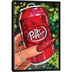 a painting of a hand holding a can of soda with the word dr pepper on it