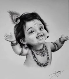 a black and white drawing of a baby girl with her hands up in the air