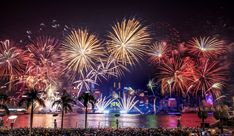 fireworks are lit up in the night sky over water and palm trees as people take pictures with their cell phones