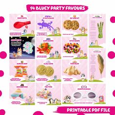 a pink and white poster with pictures of various items