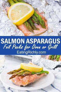 salmon and asparagus on foil with lemon wedges