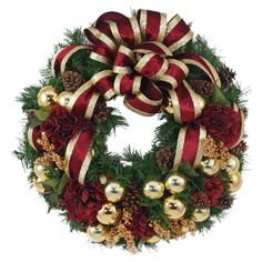 a christmas wreath with red and gold decorations