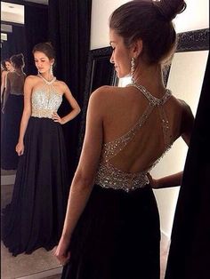 A-Line/Princess Sleeveless Halter Beading Chiffon Sweep/Brush Train Dresses Robes Glamour, Halter Prom Dresses, Prom Dresses 2016, Prom Dresses 2017, 파티 드레스, Black Prom Dress, Beaded Prom Dress, Black Prom, Backless Prom Dresses