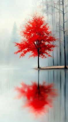 a painting of a red tree in the middle of a lake with water and trees