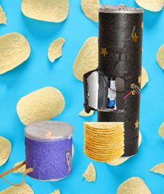 an image of some food that is on top of a blue background with gold chips