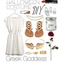 a white dress and accessories are arranged in the shape of a flower, with text that reads halloween costume diy 2 greek goddess