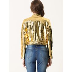 Made of metallic fabric, the shiny jacket can make you outstanding in the crowd, showing your stylish look. A crop design with a zipper can perfectly polish your outfit, and build a smart and casual look at the same time. Match well with tops, leggings, faux leather pants, or skirts, an effortless, versatile, and stylish wardrobe staple. Trendy Gold Outerwear For Party, Trendy Gold Party Outerwear, Metallic Long Sleeve Outerwear With Zipper, Metallic Biker Jacket For Fall Party, Metallic Long Sleeve Biker Jacket For Party, Metallic Biker Jacket For Party In Fall, Trendy Metallic Biker Jacket For Fall, Trendy Metallic Biker Jacket For Winter, Trendy Party Outerwear With Zipper Closure