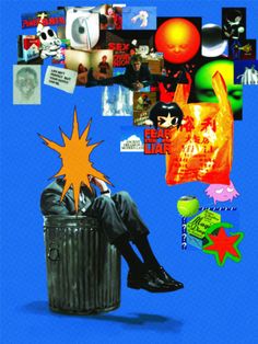 a man sitting in a trash can with many pictures on the wall behind him and an orange star above his head