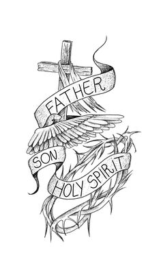 a tattoo design with the words father on it and an image of a bird holding a cross