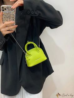 BirdinBag - Neon Lime Litchi Embossed Mini Dome Bag with Letter Graphics Dome Bag, Lipstick Bag, Black Hot Pink, Beaded Handbag, Mini Handbags, Satchel Purse, Mini Fashion, Trendy Tops