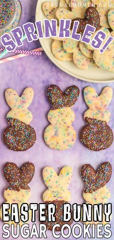 easter bunny sugar cookies with sprinkles in the shape of ears on a purple background