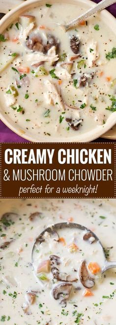 creamy chicken and mushroom chowder is served in a white bowl