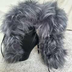 Gorgeous Fur Lace Up Heeled Boots. Eu 37. Never Worn. Only Selling Because They Are A Size Too Big. Black Leather With Black, Gray, And White Fur Heel Height 11 Cm Elegant Gray Winter Boots, Gray High Heel Boots For Party, Gray High Heel Party Boots, Chic Gray Winter Boots, Gray High Heel Winter Boots, Lace Up Heeled Boots, Ralph Lauren Heels, Womens High Heel Boots, Gold Platform Heels