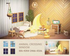 an animal crossing window in the middle of a living room with furniture and decorations on display