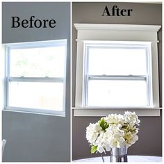 before and after pictures of a window with flowers in the vase on the table next to it