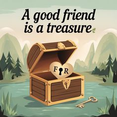 an open trunk with a key in it that says, a good friend is a treasure