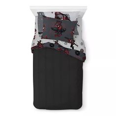 spiderman bedding set with black sheets and red pillow cases on the bottom half