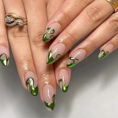 Amazon.com: 24 Pcs Almond Press on Nails Medium Length Fake Nails French Tip Glue on Nails with Green Ripples Design Acrylic False Nails for Women W-445 : Beauty & Personal Care Green Nail Designs, Nagel Tips, Fake Nails With Glue, White Nail, Stick On Nails, Fire Nails, Pretty Acrylic Nails, Best Acrylic Nails, Nail Accessories