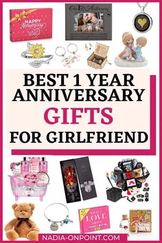 the best 1 year anniversary gifts for girlfriend in pink and white with text overlay