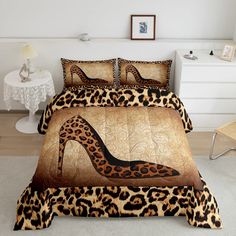 a leopard print bed set with high heel shoes