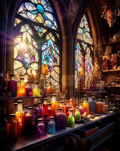 there are many candles on the table in front of the stained glass windows and shelves