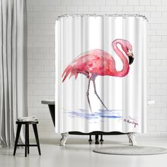 a pink flamingo standing in the water shower curtain