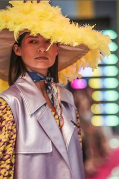 Feather hats just got upgraded. Add a bold touch of colour and playfulness to you look with our silk-lined ostrich feather oversized hat.  Ostrich Feather Feather Hats, Oversized Hat, Yellow Animals, Faux Fur Bag, Fur Gloves, Leather Coat Jacket, Fur Headband, Catwalk Collection, Faux Fur Hat