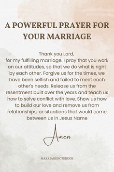 a prayer card with the words, a powerful prayer for your marriage