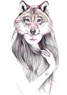 a drawing of a girl with long hair and a wolf's head on her shoulder