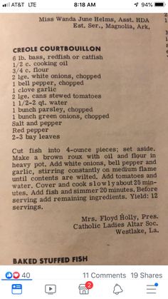 an old recipe book with instructions on how to bake stuffed fish and other ingredients