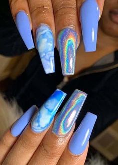 Acrylic Nail Designs For Spring Coffin, Pretty Nails Blue, Summer Coffin Nail Ideas, Extravagant Nails, Blue Nail Art Designs, Nail Art Designs Images, Long Nail Designs