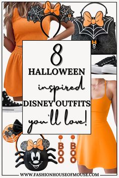 a woman in an orange dress with the words 8 halloween inspired disney outfits you'll love