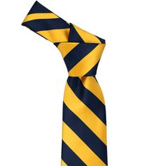 You can't get much more traditional than the combination of blue and yellow. Find it here on this equally traditional navy blue and golden yellow striped tie. The classic striped pattern will never go out of style. Wear it to show support for your team, or for sophisticated uniform wear. It goes without saying that this tie is the perfect accompaniment to a fitted navy blue suit. Purchase the matching pocket square for social events and dressier occasions. Detail time! This is a regular length a Navy Blue Suit, Matching Accessories, Striped Tie, Yellow Stripes, Social Events, Blue Suit, Blue And Yellow, Golden Yellow, Pocket Square