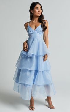 Cindy Midi Dress - Layered Skirt Dress in Pale Blue Maid Of Honor Dress Light Blue, Midi Dress Layering, Pastel Blue Dress, Vegas Birthday, Dress Layered, Baby Blue Dresses, Dress Idea, Prom Dress Inspiration, Cute Prom Dresses