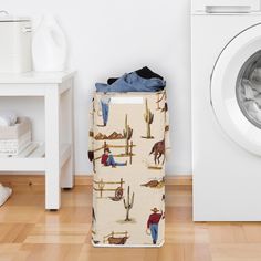 a laundry bag sitting next to a washing machine